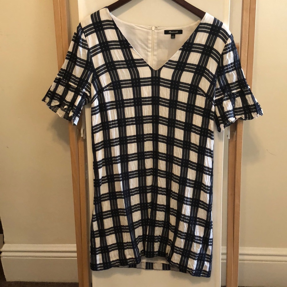 Madewell white and navy checkered V-neck dress